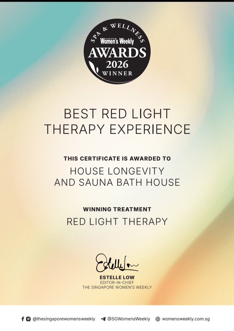Award certificate: Best Red Light Therapy Experience, awarded to House Longevity and Sauna Bath House