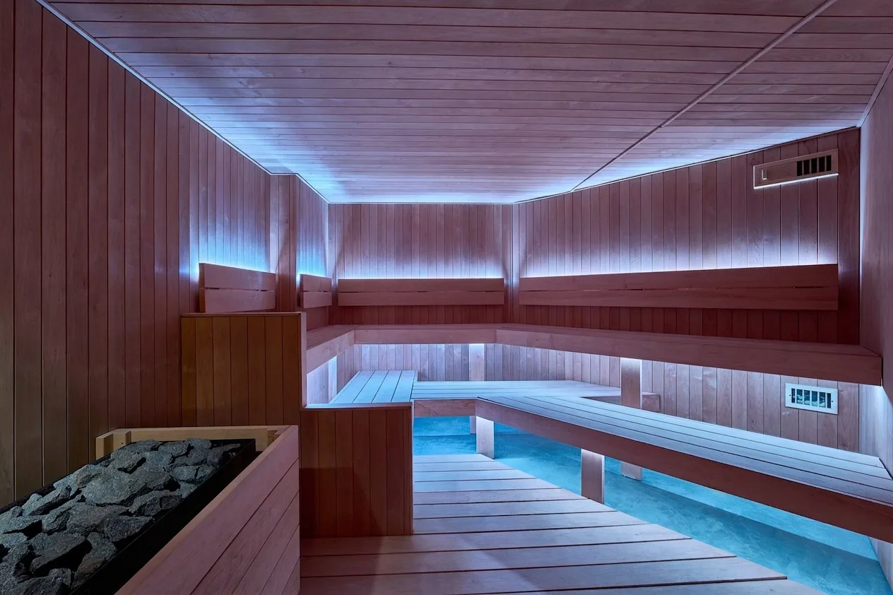 Timber benches inside the Dry Sauna at Sauna Bath House